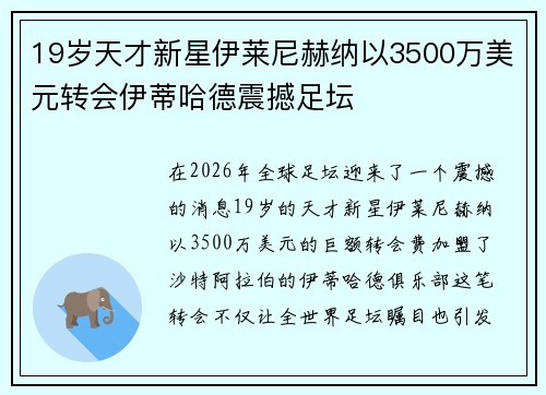 19岁天才新星伊莱尼赫纳以3500万美元转会伊蒂哈德震撼足坛
