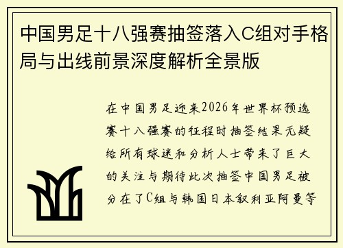 中国男足十八强赛抽签落入C组对手格局与出线前景深度解析全景版