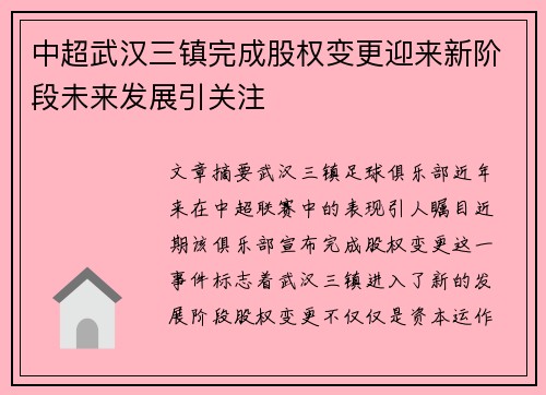 中超武汉三镇完成股权变更迎来新阶段未来发展引关注